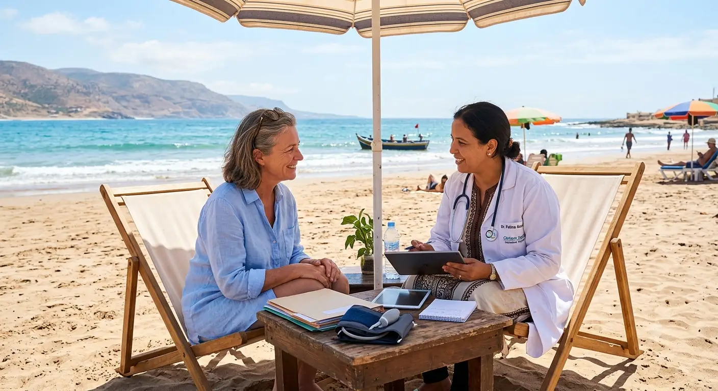 Patient et médecin en consultation au bord de la plage, Maroc